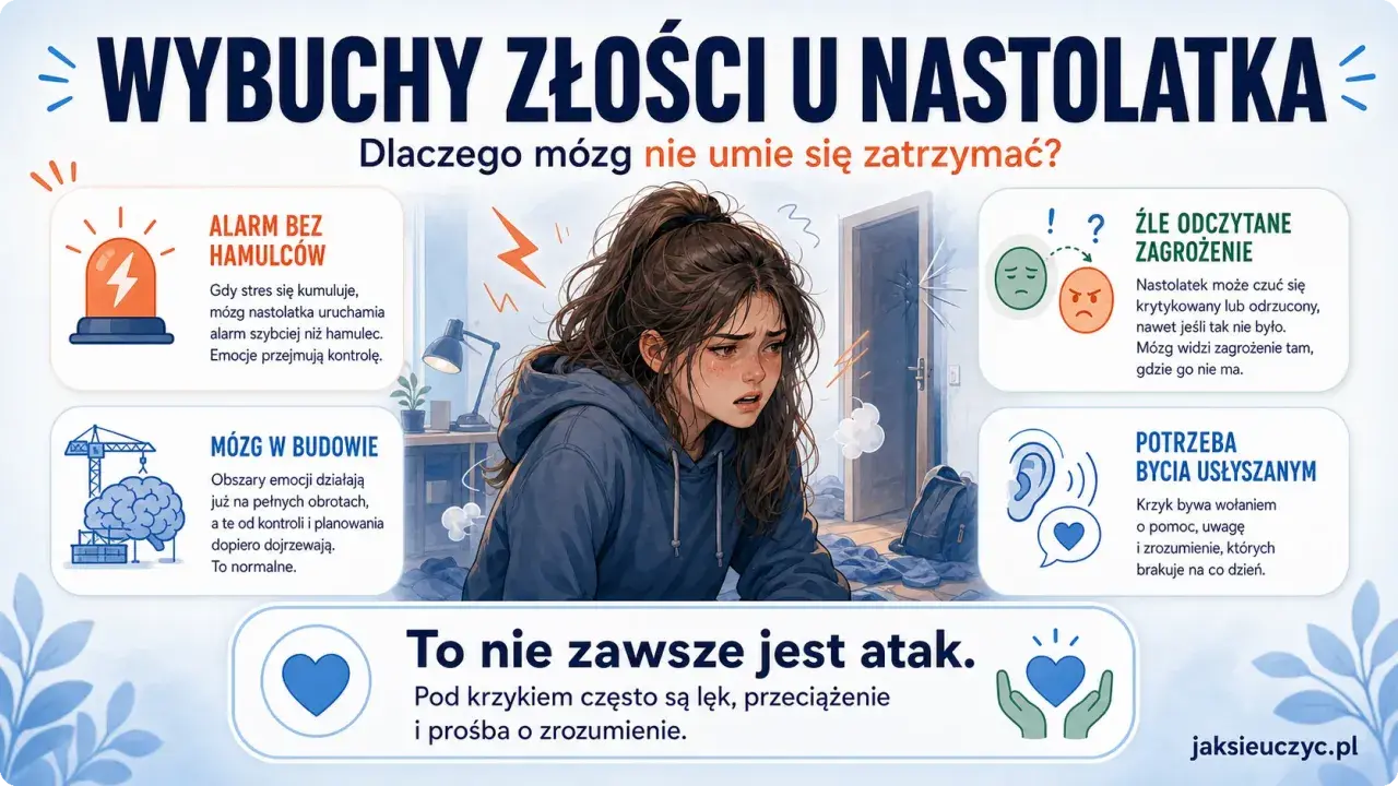Zestresowana nastolatka, której mózg szybko się denerwuje. Obok grafiki o wybuchach złości u nastolatków.