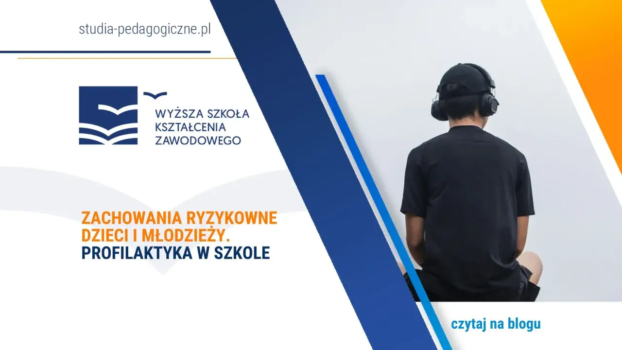 Młody człowiek w słuchawkach, symbolizujący **zachowania ryzykowne dzieci i młodzieży**. Temat profilaktyki w szkole.