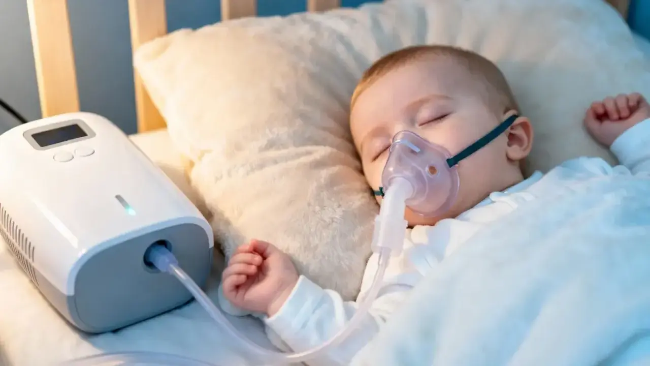 Śpiące dziecko z maską inhalacyjną podłączoną do nebulizatora. Dziecko przechodzi inhalacje z sody oczyszczonej, by ulżyć mu w oddychaniu.