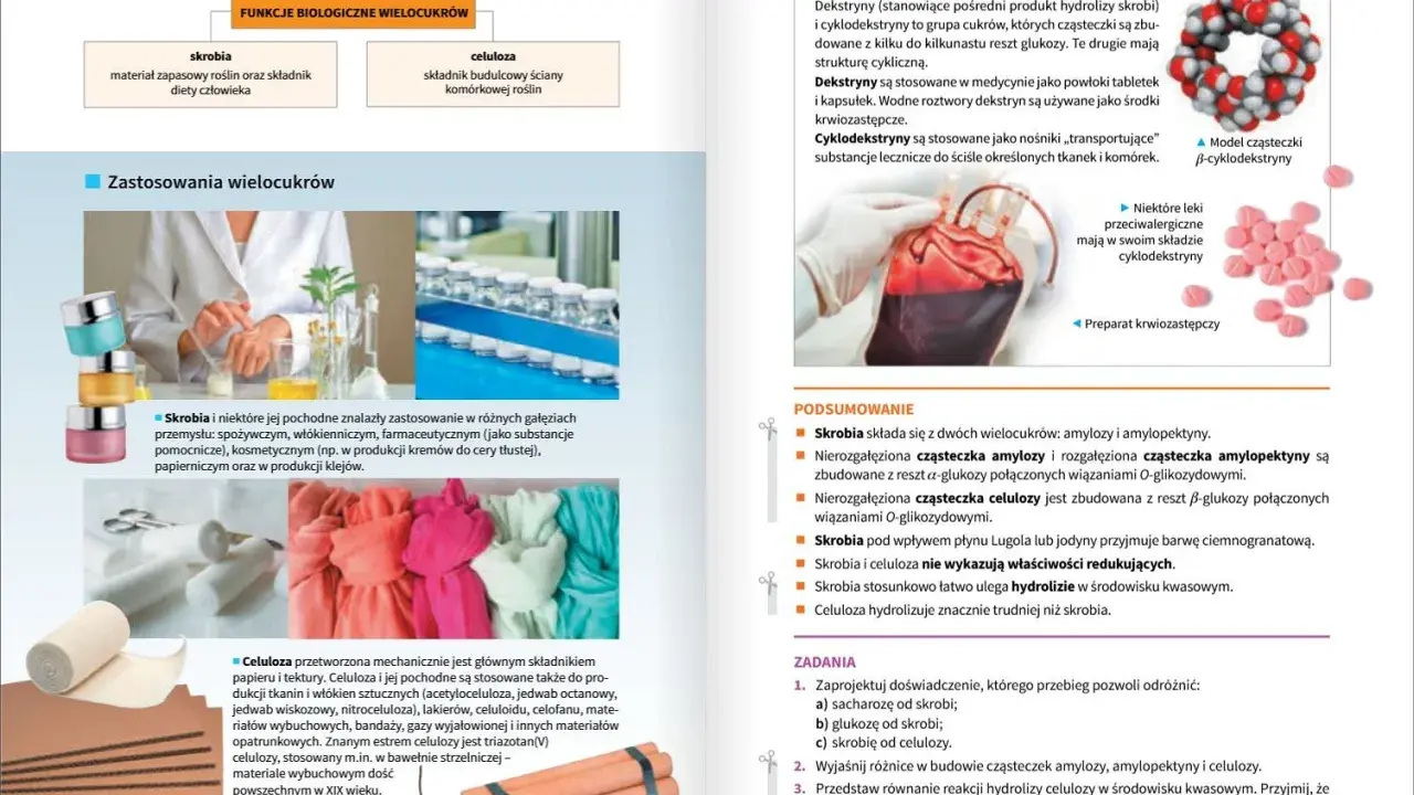 Chemia klasa 3: skrobia i celuloza - materiały zapasowe roślin i budulec ścian komórkowych. Zastosowania w przemyśle.