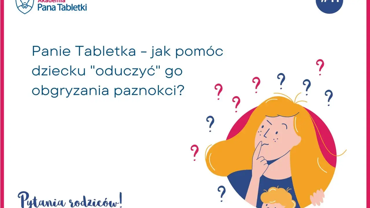 Domowy sposób na obgryzanie paznokci u dzieci? Ilustracja przedstawia zamyśloną kobietę otoczoną znakami zapytania, szukającą odpowiedzi na to pytanie.