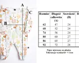 Tabela rozmiarów pajaca z motywem zwierzątek. Sprawdź, jaki rozmiar dla noworodka będzie najlepszy, porównując wymiary A, B, C.