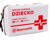 Biała apteczka na wyjazd z dzieckiem, z napisem "DZIECKO" i czerwonym krzyżem ratunkowym. Zapewni bezpieczeństwo podczas każdej podróży.