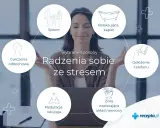 Jak złagodzić stres? Grafika pokazuje sposoby: spacer, relaksująca kąpiel, odłożenie telefonu, zioła, medytacja/joga, ćwiczenia oddechowe.