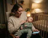 Zmęczona mama trzyma niemowlę, które roczne dziecko kręci głową na boki, szukając ukojenia.