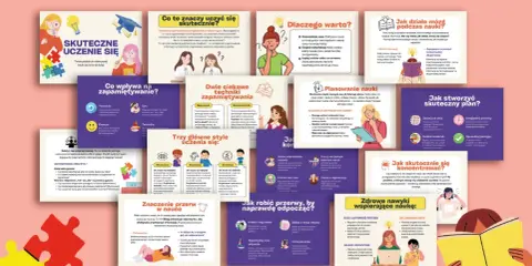 Ilustracja przedstawia kolaż grafik i tekstu na temat skutecznego uczenia się, z elementami puzzli.