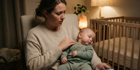 Zmęczona mama trzyma niemowlę, które roczne dziecko kręci głową na boki, szukając ukojenia.