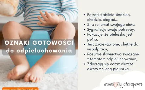 Dziecko siada na nocnik, gotowe do nauki samodzielności. Widoczne oznaki gotowości do odpieluchowania.