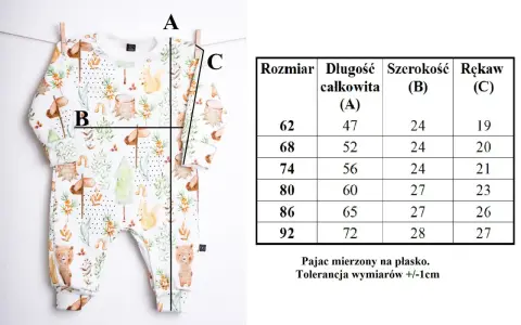 Tabela rozmiarów pajaca z motywem zwierzątek. Sprawdź, jaki rozmiar dla noworodka będzie najlepszy, porównując wymiary A, B, C.