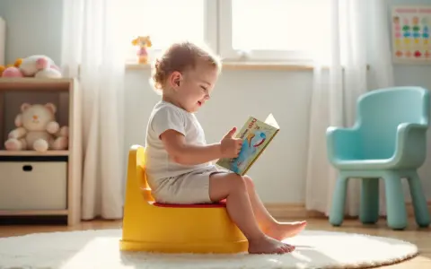 Małe dziecko siedzi na żółtym nocniku i czyta książeczkę, bo nie chce siadać na nocnik.