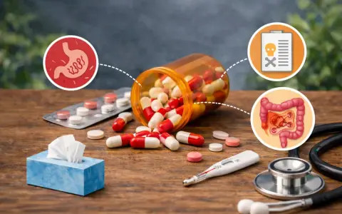 Gdy antybiotyk nie pomaga dziecku, pojawiają się problemy z żołądkiem i jelitami. Na stole leki, termometr, chusteczki i stetoskop.