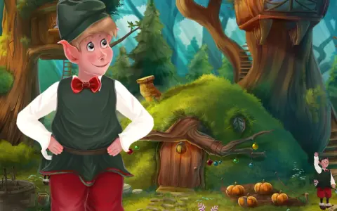 Elf w leśnej chatce, jak z bajki na telefonie. W tle drzewo z domkiem i dynie.