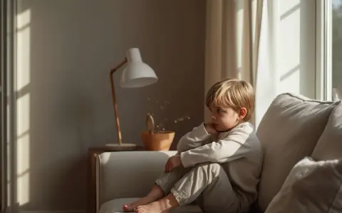 Chłopiec siedzi na kanapie, zamyślony i zamknięty w sobie. Światło z okna pada na jego twarz, podkreślając jego samotność.