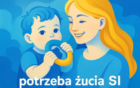 Uśmiechnięta mama patrzy na swojego malucha, który z radością gryzie niebiesko-żółtą zabawkę. Dziecko gryzie ubrania, odkrywając świat.