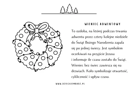 Ilustracja przedstawia wieniec adwentowy, ważny element tradycji bożonarodzeniowych dla dzieci. Symbolizuje oczekiwanie na święta.