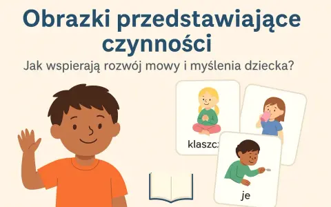 Uśmiechnięty chłopiec, jak dwu letnie dziecko, macha ręką obok kart z czynnościami: dziewczynka pije, siedzi i chłopiec rzuca monetą.