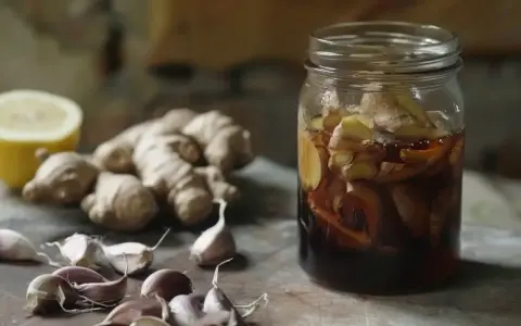 Słoik z imbirem i miodem, obok czosnek i cytryna – naturalny antybiotyk na gardło gotowy do użycia.