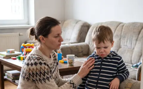 Mama uspokaja dziecko, które wpada w histerię z byle powodu. W tle widać kanapę i stolik z zabawkami.