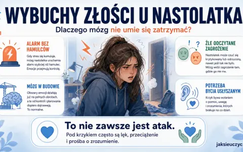 Nastolatka z wybuchem złości. Grafika wyjaśnia, jak rozładować stres u nastolatków, pokazując mechanizmy mózgu i potrzebę bycia usłyszanym.