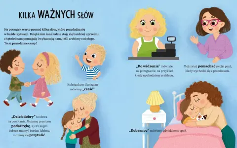 Dobre maniery dla dzieci: przytulanie, podawanie ręki, mówienie "cześć", "dzień dobry", "do widzenia" i "dobranoc".