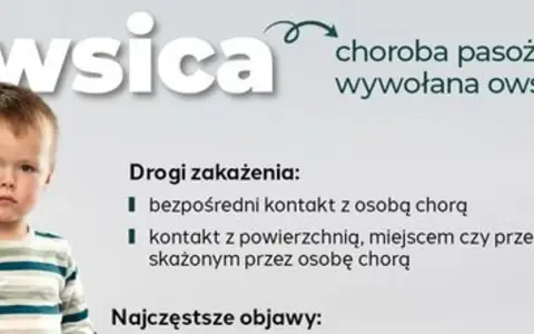 Smutny chłopiec na tle napisu "Owsica". Informacje o chorobie pasożytniczej, drogach zakażenia i objawach, które mogą wpływać na zachowanie dziecka.