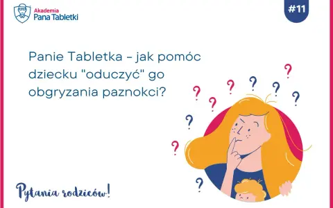 Domowy sposób na obgryzanie paznokci u dzieci? Ilustracja przedstawia zamyśloną kobietę otoczoną znakami zapytania, szukającą odpowiedzi na to pytanie.