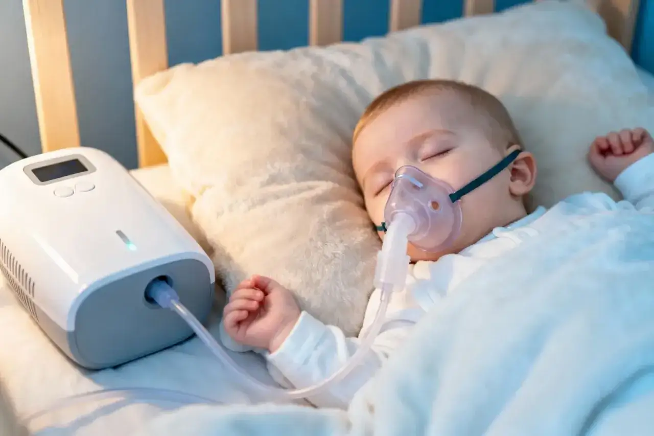 Śpiące dziecko z maseczką inhalacyjną podłączoną do nebulizatora. Pomoc w oddychaniu, być może inhalacje z sody oczyszczonej.