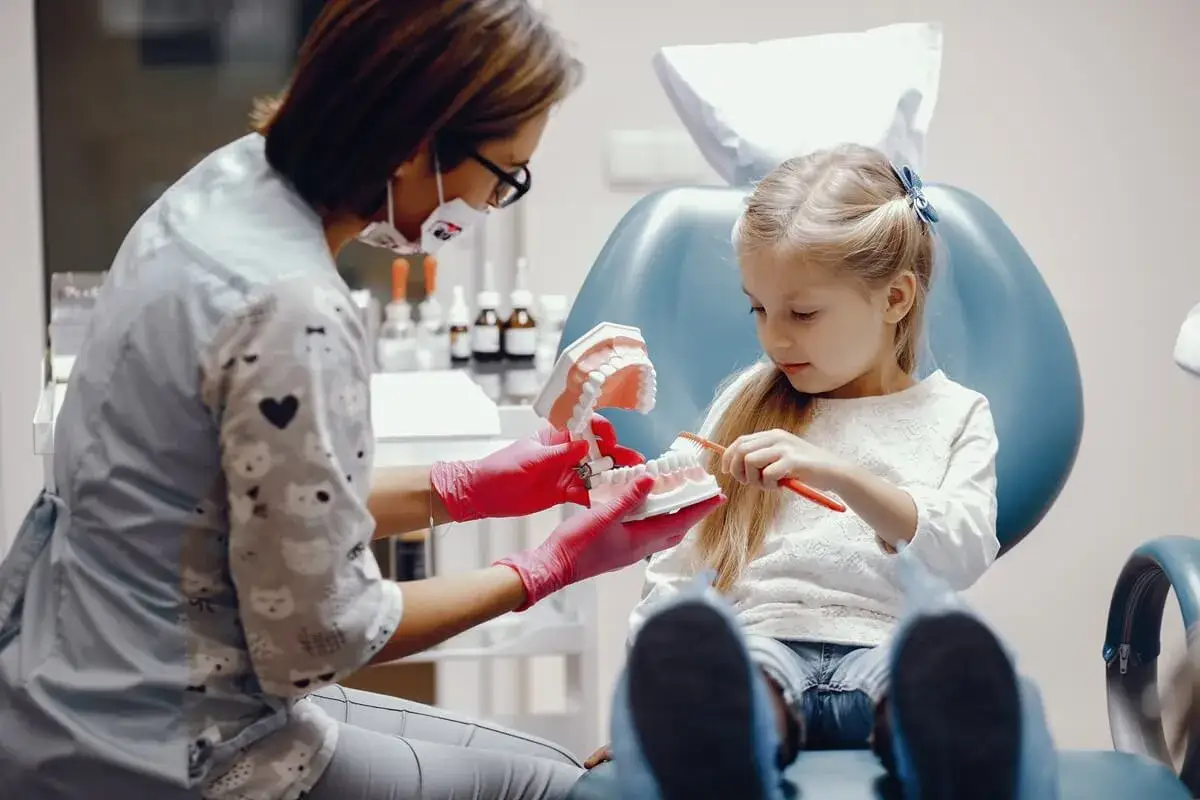 Dentystka pokazuje dziecku, co zrobić, gdy dziecko nie chce otworzyć ust u dentysty, używając modelu szczęki i szczoteczki.
