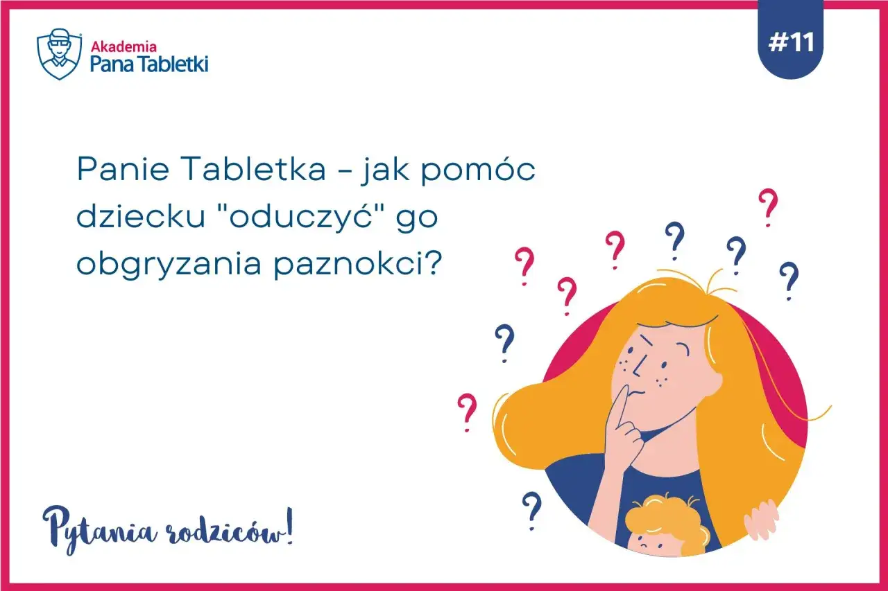 Domowy sposób na obgryzanie paznokci u dzieci? Ilustracja przedstawia zamyśloną kobietę otoczoną znakami zapytania, szukającą odpowiedzi.