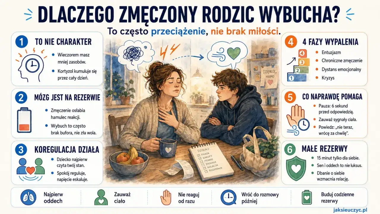 Zmęczona mama z synem, czuje, że ma dość swojego dziecka. Grafika wyjaśnia przyczyny wybuchów rodziców i sposoby radzenia sobie z przeciążeniem.